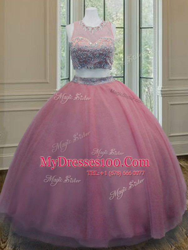 Ruffled Floor Length Pink Vestidos de Quinceanera Scoop Sleeveless Zipper