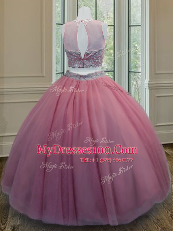 Ruffled Floor Length Pink Vestidos de Quinceanera Scoop Sleeveless Zipper