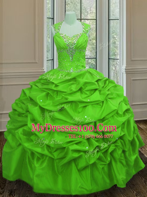 Glittering Straps Cap Sleeves Taffeta Floor Length Lace Up Quinceanera Gowns in with Beading and Pick Ups