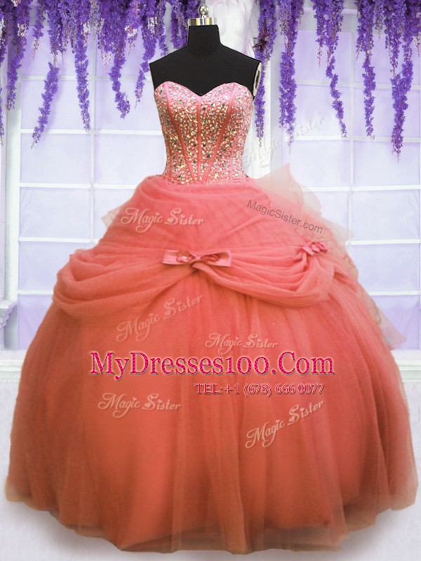 High Class Ball Gowns Quinceanera Dress Watermelon Red Sweetheart Tulle Sleeveless Floor Length Lace Up