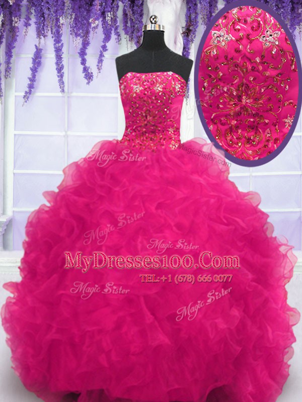 Pretty Fuchsia Quinceanera Dresses Military Ball and Sweet 16 and Quinceanera and For with Beading and Ruffles Strapless Sleeveless Brush Train Lace Up