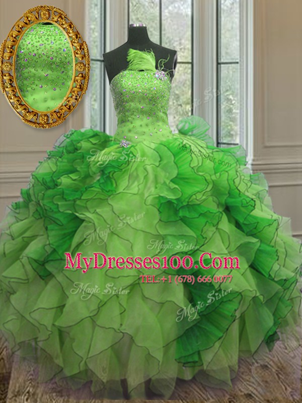 Amazing Strapless Sleeveless Vestidos de Quinceanera Floor Length Beading and Ruffles Multi-color Organza