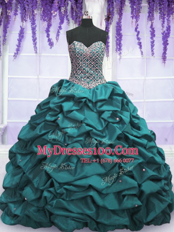 Clearance Sleeveless Floor Length Beading and Sequins and Pick Ups Lace Up Sweet 16 Quinceanera Dress with Teal