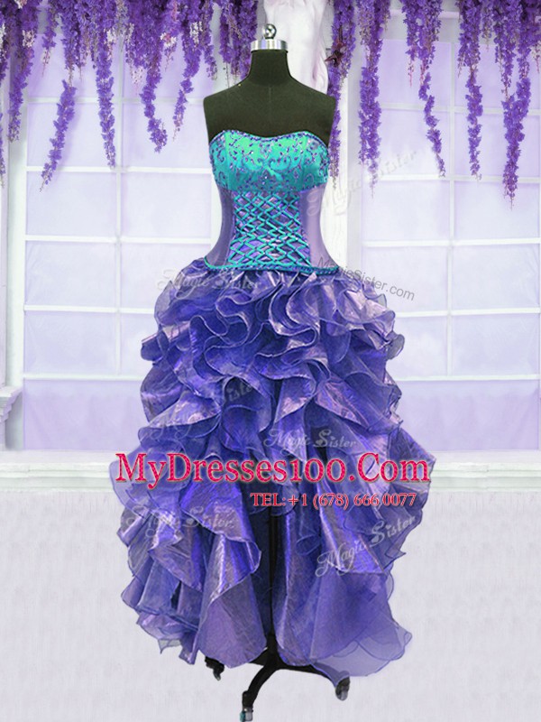 Four Piece Lavender Lace Up Strapless Embroidery and Ruffles Quinceanera Gowns Organza Sleeveless