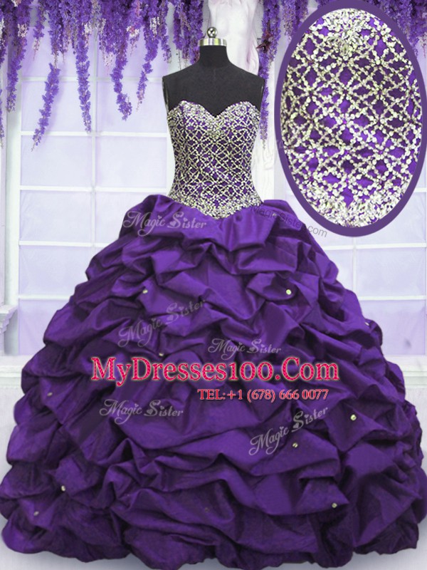 Traditional Eggplant Purple Taffeta Lace Up Quinceanera Gowns Sleeveless Floor Length Beading and Sequins and Pick Ups