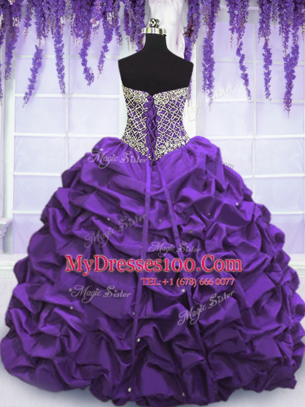 Traditional Eggplant Purple Taffeta Lace Up Quinceanera Gowns Sleeveless Floor Length Beading and Sequins and Pick Ups