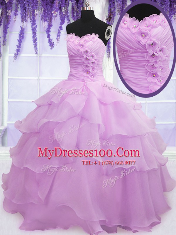 Free and Easy Organza Sweetheart Sleeveless Lace Up Beading and Ruffled Layers and Hand Made Flower Sweet 16 Quinceanera Dress in Lilac