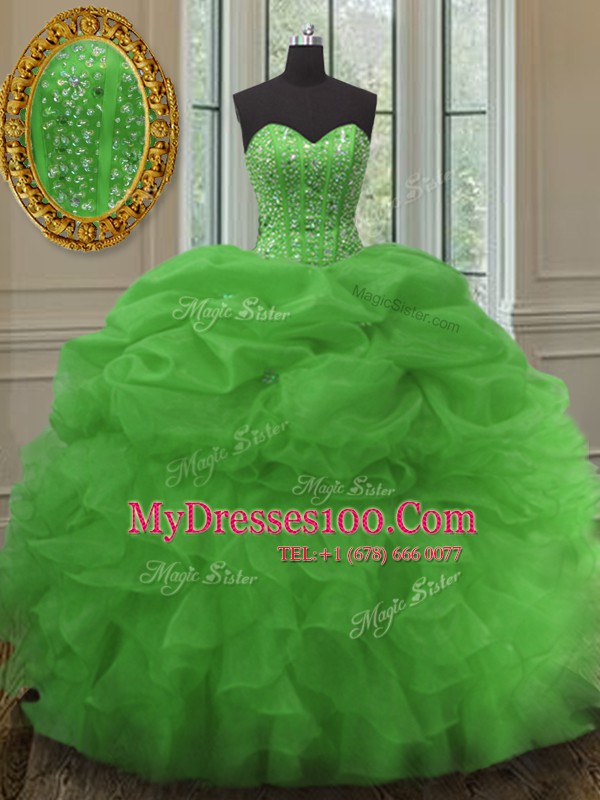 High End Green Ball Gowns Beading and Ruffles and Pick Ups 15 Quinceanera Dress Lace Up Organza Sleeveless Floor Length