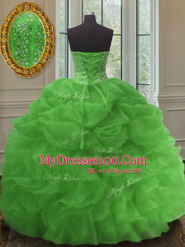 High End Green Ball Gowns Beading and Ruffles and Pick Ups 15 Quinceanera Dress Lace Up Organza Sleeveless Floor Length