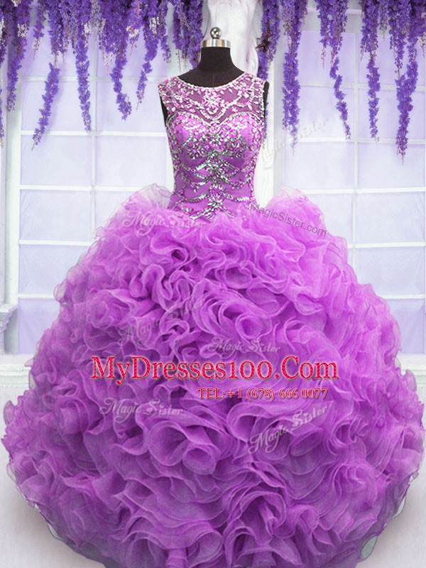 Cute Lilac Organza Lace Up Scoop Sleeveless Floor Length Quinceanera Gowns Beading and Ruffles