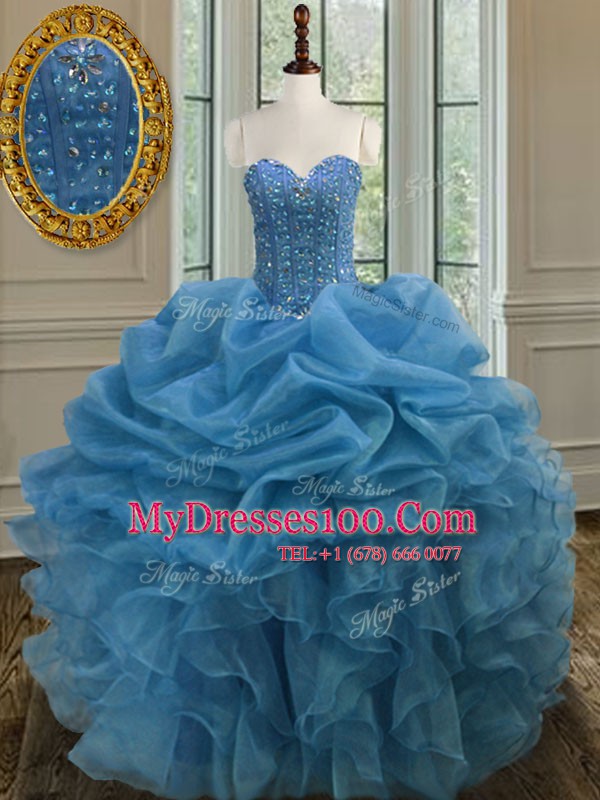 Vintage Ball Gowns Quinceanera Gown Blue Sweetheart Organza Sleeveless Floor Length Lace Up