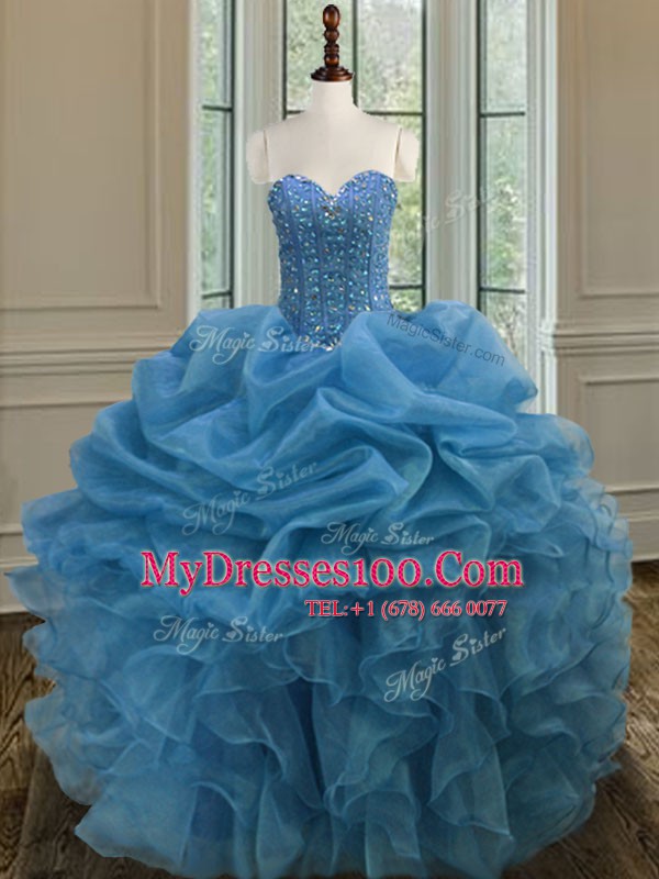 Vintage Ball Gowns Quinceanera Gown Blue Sweetheart Organza Sleeveless Floor Length Lace Up