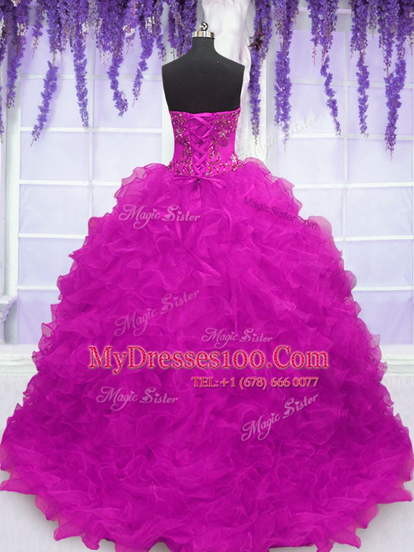 Fuchsia Organza Lace Up Strapless Sleeveless With Train 15th Birthday Dress Brush Train Beading and Appliques and Ruffles