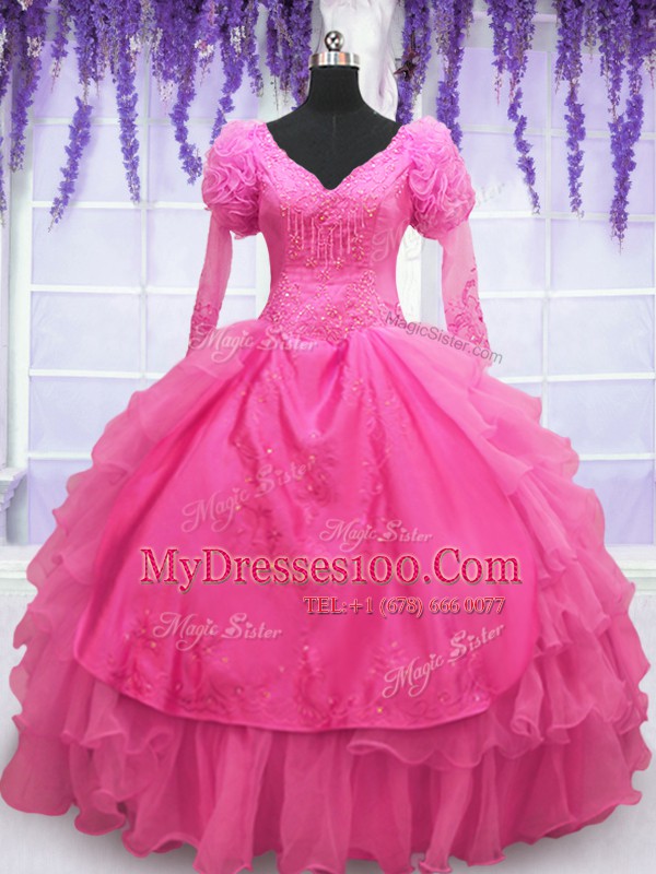 Floor Length Ball Gowns Long Sleeves Hot Pink Quinceanera Dress Lace Up