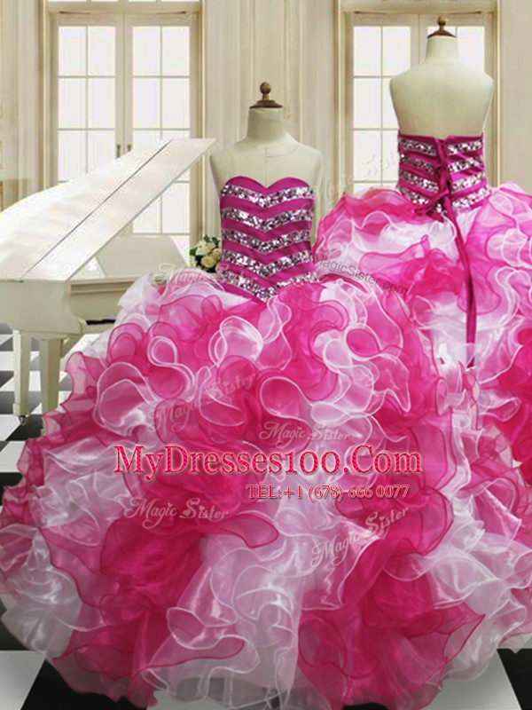 Edgy Floor Length Lace Up Quinceanera Dress Pink And White for Military Ball and Sweet 16 and Quinceanera with Beading and Ruffles