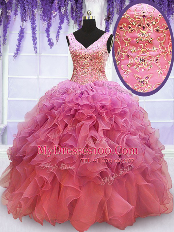 Artistic Beading and Embroidery and Ruffles 15 Quinceanera Dress Pink Lace Up Sleeveless Floor Length