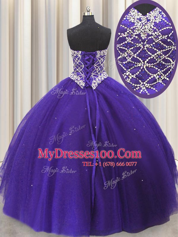 Purple Quinceanera Gowns Military Ball and Sweet 16 and Quinceanera and For with Beading and Sequins Sweetheart Sleeveless Lace Up