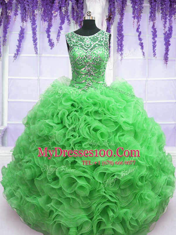 Scoop Sleeveless Floor Length Beading and Ruffles Lace Up Quinceanera Dresses with Green