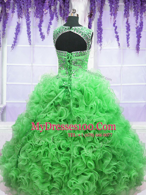 Scoop Sleeveless Floor Length Beading and Ruffles Lace Up Quinceanera Dresses with Green