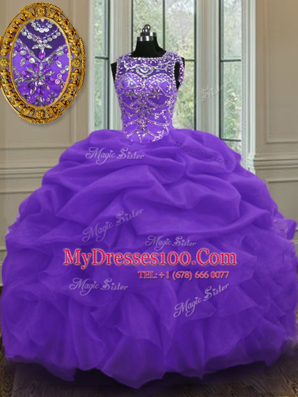 Scoop Floor Length Eggplant Purple 15 Quinceanera Dress Organza Sleeveless Beading and Pick Ups