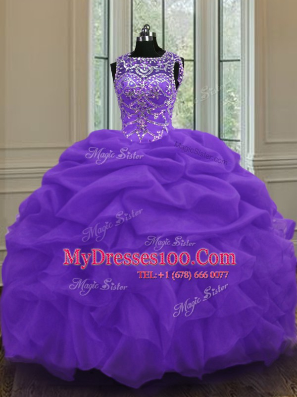 Scoop Floor Length Eggplant Purple 15 Quinceanera Dress Organza Sleeveless Beading and Pick Ups