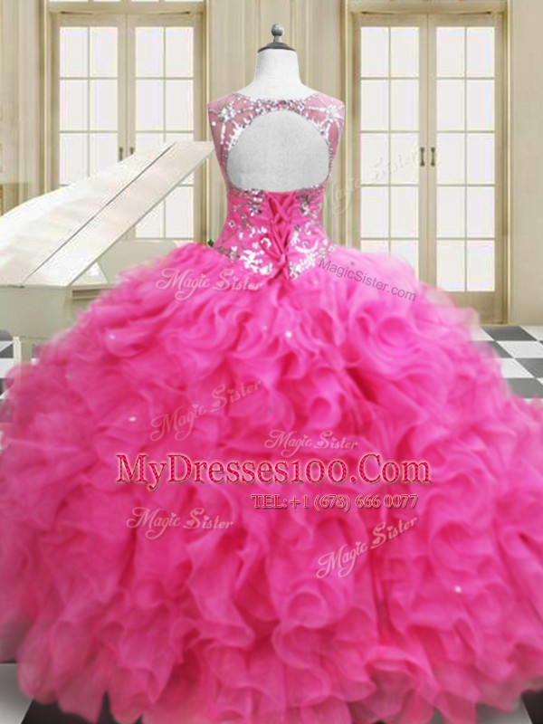 Scoop Floor Length Ball Gowns Sleeveless Hot Pink 15th Birthday Dress Lace Up