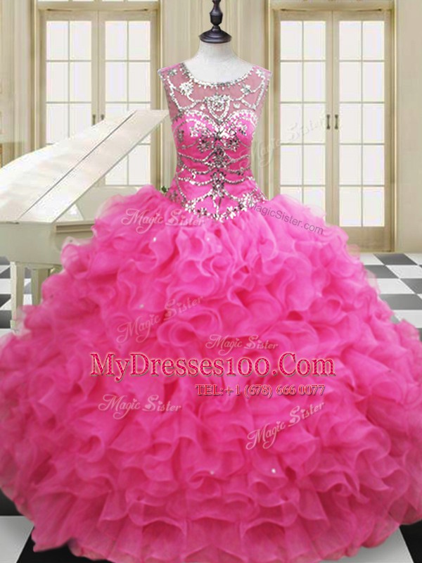 Scoop Floor Length Ball Gowns Sleeveless Hot Pink 15th Birthday Dress Lace Up