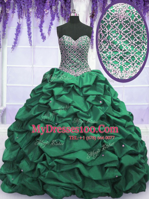 Modern Sweetheart Sleeveless 15th Birthday Dress Floor Length Beading and Sequins and Pick Ups Dark Green Taffeta