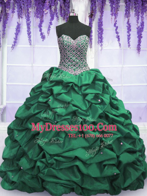 Modern Sweetheart Sleeveless 15th Birthday Dress Floor Length Beading and Sequins and Pick Ups Dark Green Taffeta