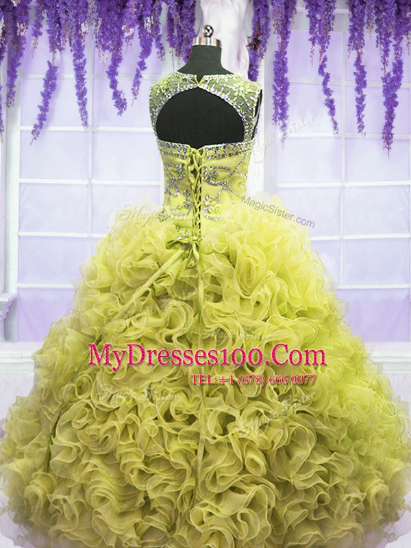 Fancy Scoop Floor Length Yellow Quinceanera Gowns Organza Sleeveless Beading and Ruffles