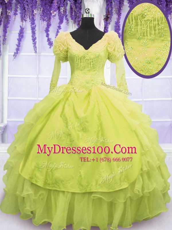 Yellow Green Sleeveless Floor Length Beading and Embroidery and Ruffles Lace Up 15th Birthday Dress