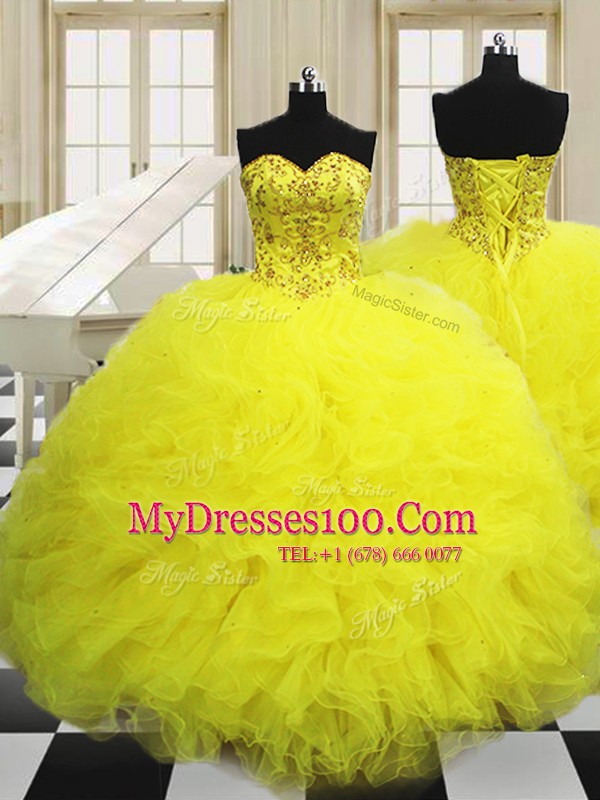 Custom Fit Ball Gowns 15 Quinceanera Dress Light Yellow Sweetheart Tulle Sleeveless Floor Length Lace Up