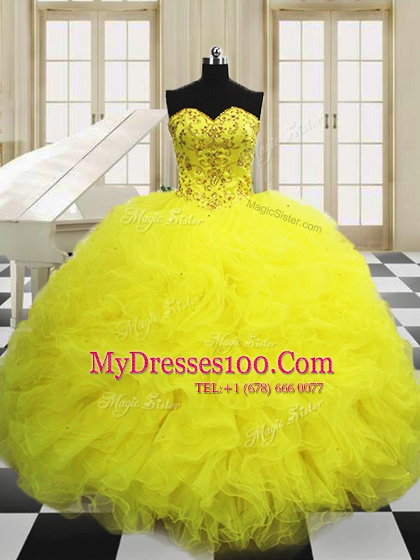 Custom Fit Ball Gowns 15 Quinceanera Dress Light Yellow Sweetheart Tulle Sleeveless Floor Length Lace Up