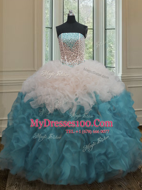 High Quality Blue And White Strapless Lace Up Beading and Ruffles Quinceanera Gowns Sleeveless