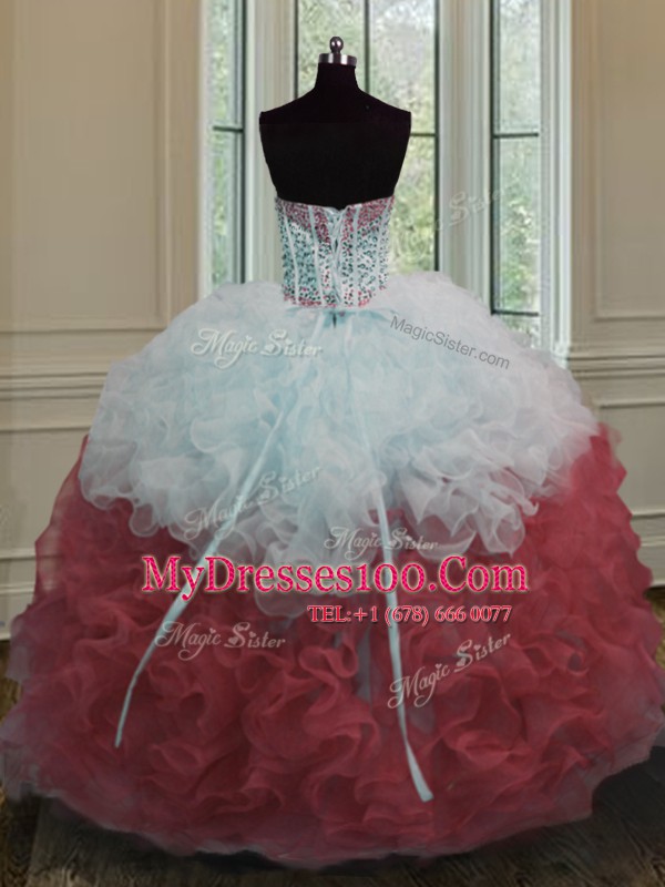 Colorful Floor Length Ball Gowns Sleeveless White And Red Sweet 16 Dress Lace Up