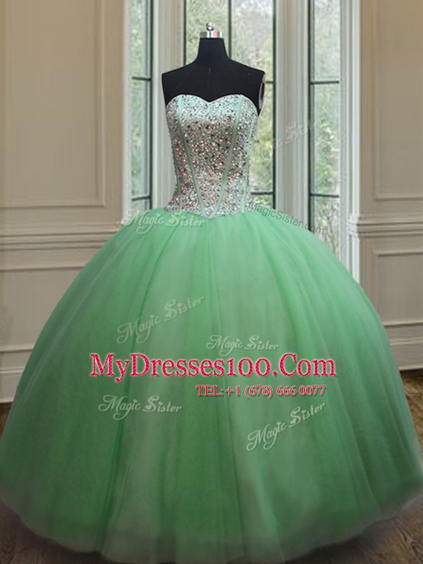 Chic Tulle Lace Up Sweetheart Sleeveless Floor Length Sweet 16 Quinceanera Dress Beading