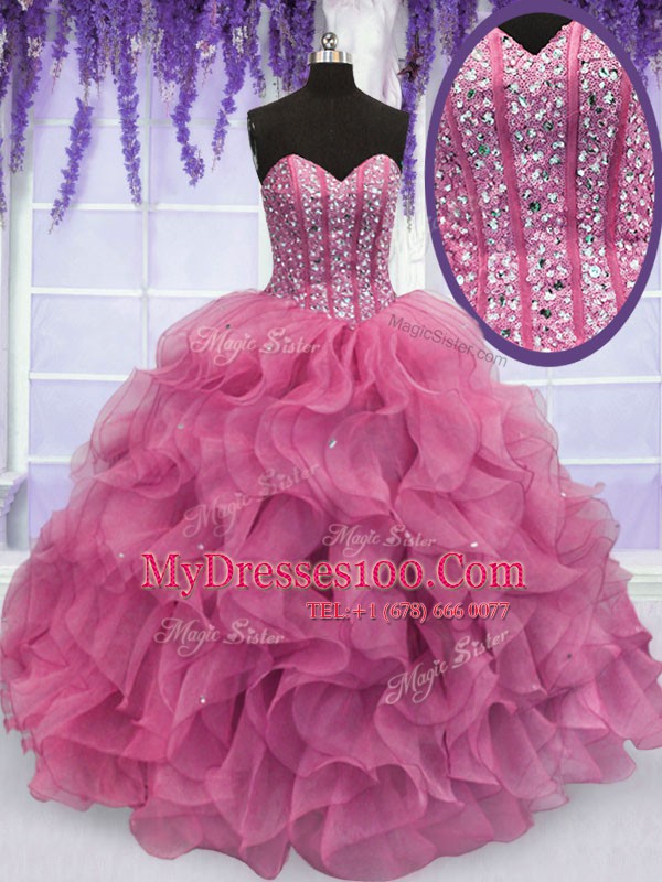 Sleeveless Organza Floor Length Lace Up Quinceanera Dress in Rose Pink with Beading and Ruffles