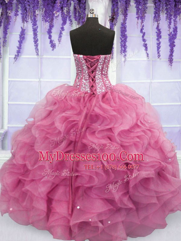 Sleeveless Organza Floor Length Lace Up Quinceanera Dress in Rose Pink with Beading and Ruffles