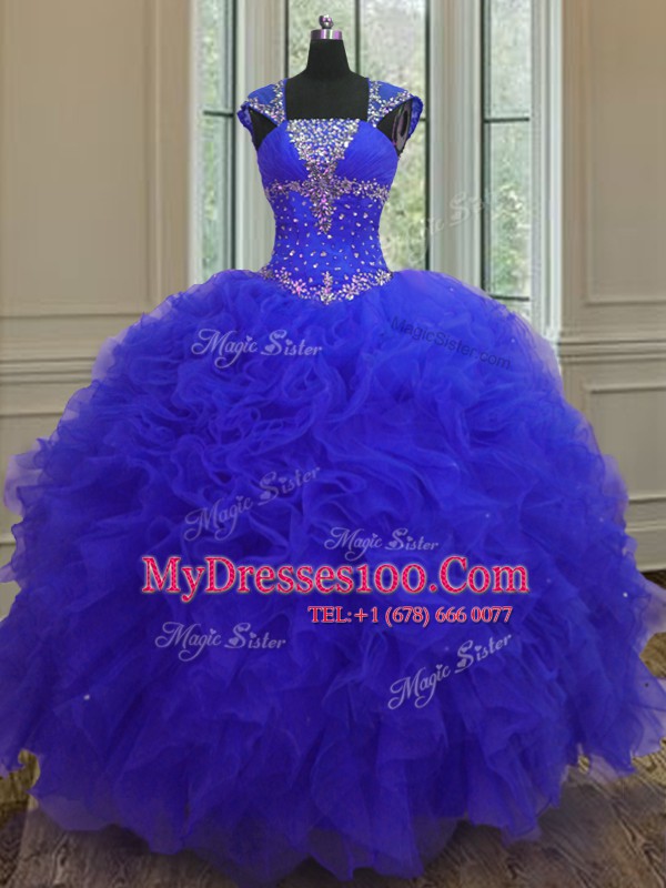 Lovely Straps Cap Sleeves Organza High Low Lace Up Quinceanera Gown in Blue with Beading and Ruffles and Sequins