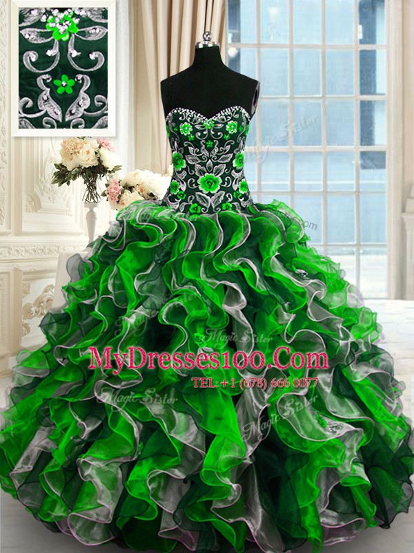 Glamorous Sweetheart Sleeveless 15th Birthday Dress Floor Length Beading and Ruffles Multi-color Organza