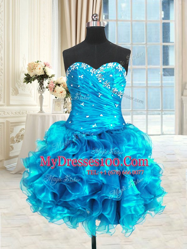 Four Piece Beading and Ruffles and Ruching Sweet 16 Dress Blue Lace Up Sleeveless Floor Length