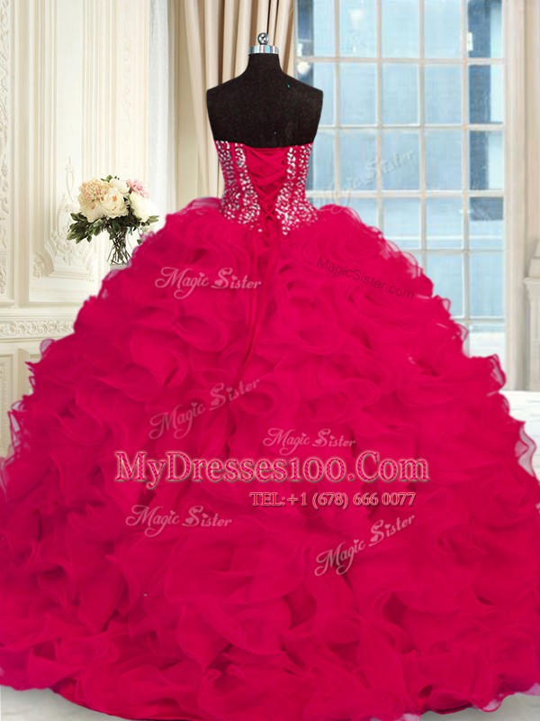 Red Lace Up Sweetheart Beading and Ruffles Quinceanera Gown Organza Sleeveless Brush Train