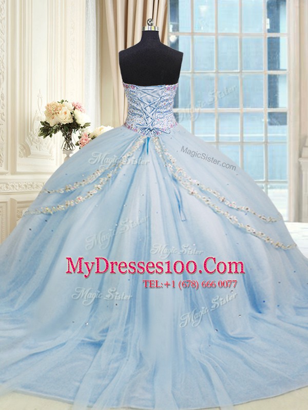 Beauteous Sweetheart Sleeveless Organza Quinceanera Dresses Beading and Appliques Court Train Lace Up