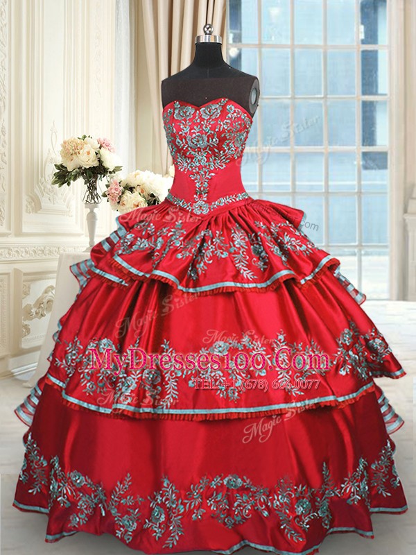 Graceful Taffeta Sweetheart Sleeveless Lace Up Embroidery and Ruffled Layers Quinceanera Gowns in Red