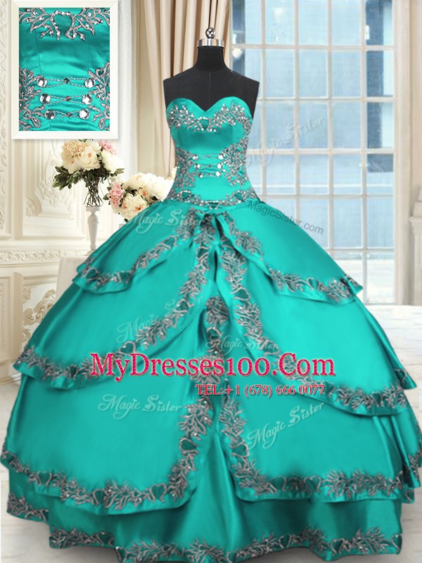 Deluxe Turquoise Sweetheart Neckline Beading and Embroidery and Ruffled Layers Quince Ball Gowns Sleeveless Lace Up