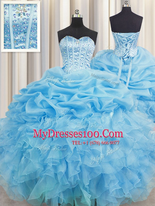 Lovely Visible Boning Floor Length Baby Blue 15th Birthday Dress Organza Sleeveless Beading and Ruffles and Pick Ups