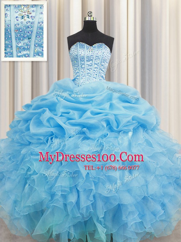 Lovely Visible Boning Floor Length Baby Blue 15th Birthday Dress Organza Sleeveless Beading and Ruffles and Pick Ups