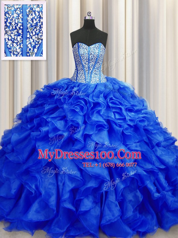 Visible Boning Royal Blue Lace Up Sweetheart Beading and Ruffles Quince Ball Gowns Organza Sleeveless Brush Train