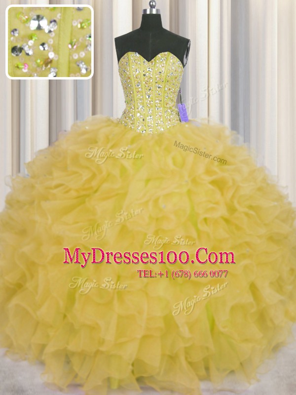 Dazzling Visible Boning Yellow Sleeveless Beading and Ruffles and Sashes ribbons Floor Length Ball Gown Prom Dress