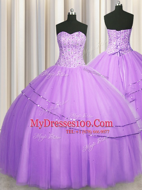 Visible Boning Puffy Skirt Lilac Sweetheart Neckline Beading Ball Gown Prom Dress Sleeveless Lace Up